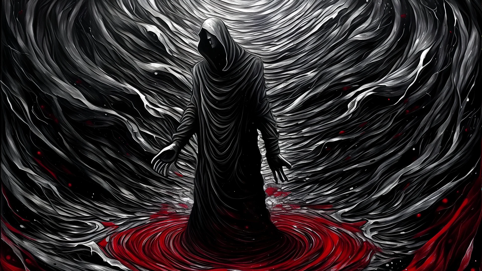 ritual Frank Miller long view texture fibonacci oil painting single colour inspiring intense eerie motion goth
