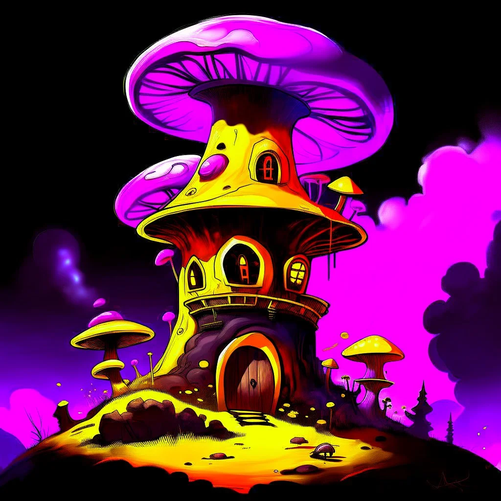 A fantabulous black, yellow, and magenta (((mushroom tower house))) erected atop a (geologic pillar), surrounded by the uncanny imaginative ((( swirling skies))), offset by the stark hues of a (neon-tinged nebulous space scape), within. captured by the hand a skilled master painter with a focus on (softly blurred compositions and voluminous lighting).