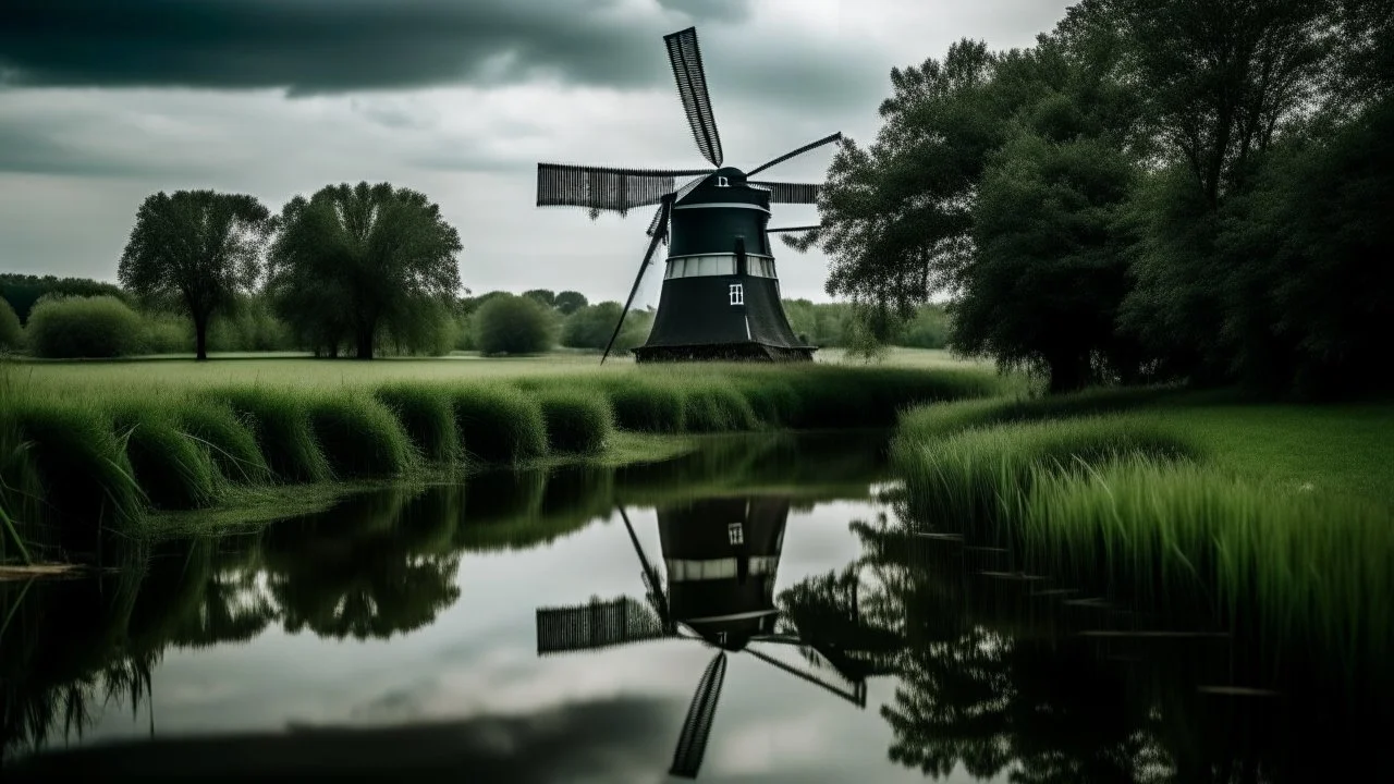 A black windmill with four sails reflected in a calm river, surrounded by a grassy field and a row of trees under an overcast sky