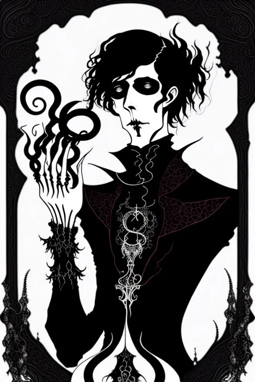 gothic creepy handsome black haired warlock with gothic jewelry and tentacle hands in the style of aubrey beardsley