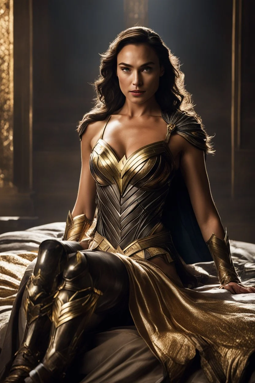 The room is dimly lit, casting a seductive glow upon the figure reclining on the bed. Gal Gadot, adorned in the powerful armor of Wonder Woman, exudes an aura of strength and grace. The golden tiara atop her head gleams, highlighting the determination in her eyes. Her crimson cape cascades down, pooling around her like a river of passion. You, the writer, cannot help but be captivated by this scene. The weight of the world rests upon Gal Gadot's shoulders, yet she remains poised, ready to face a