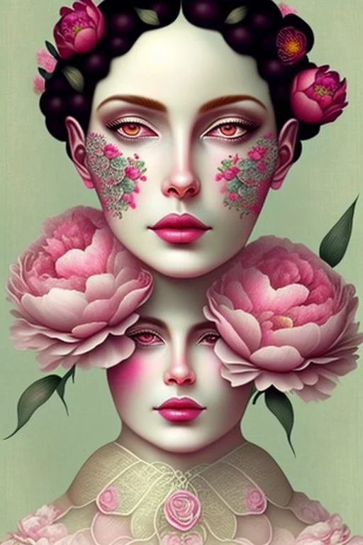 A woman's face with peonies, digital art by artist "Catrin Welz-Stein"