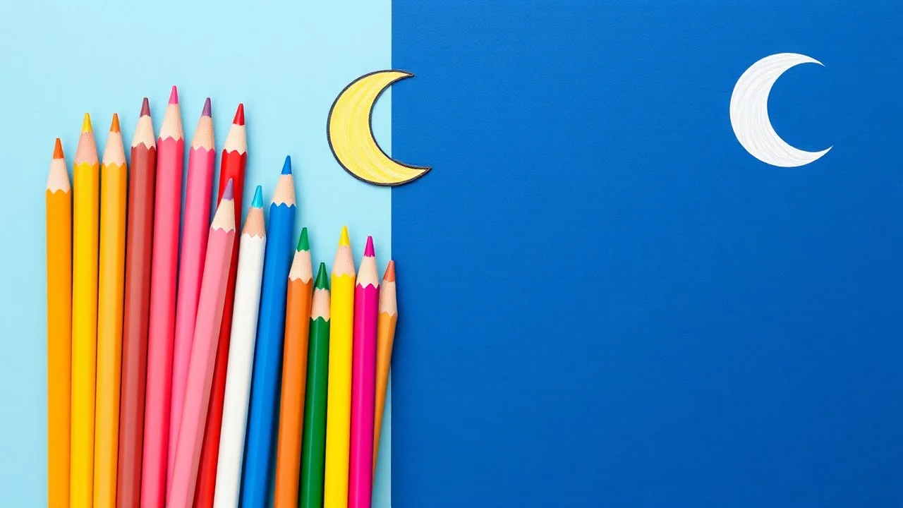 A bunch of colored pencils in the middle of the image and some children's drawings and a crescent moon image at the top of the image on a light and dark blue background.