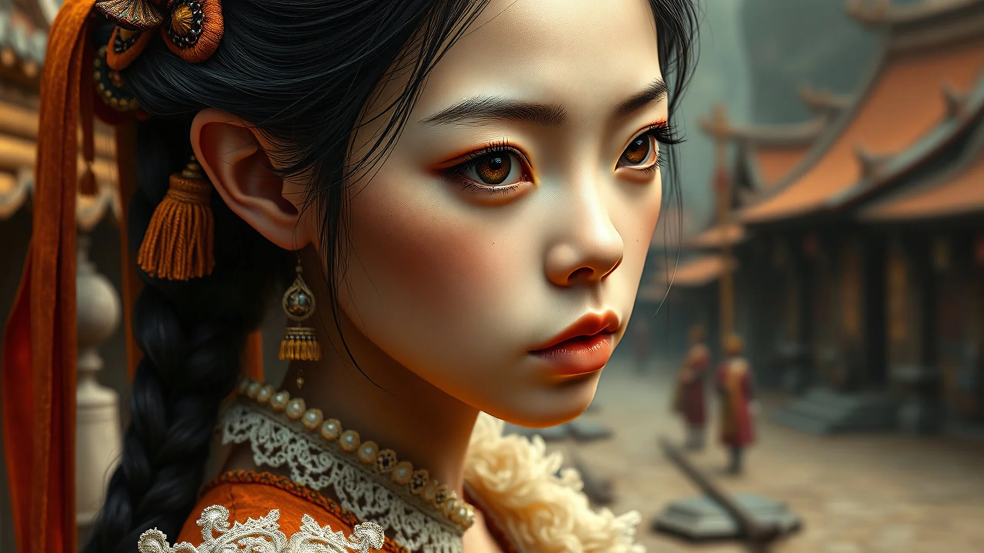 closeup frail thin Asian girl in medieval kingdom, in Victorian dress, background village, orange yellow,, 8k, high quality, trending art, trending on artstation, sharp focus, studio photo, intricate details, highly detailed, by tim burton