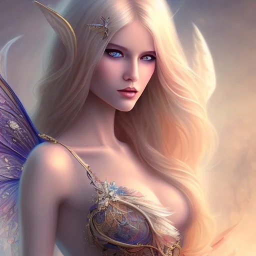 magnifique belle sexy fairy souriante avec de magnifiques ailes et des cheveux longs blonds,yeux bleus