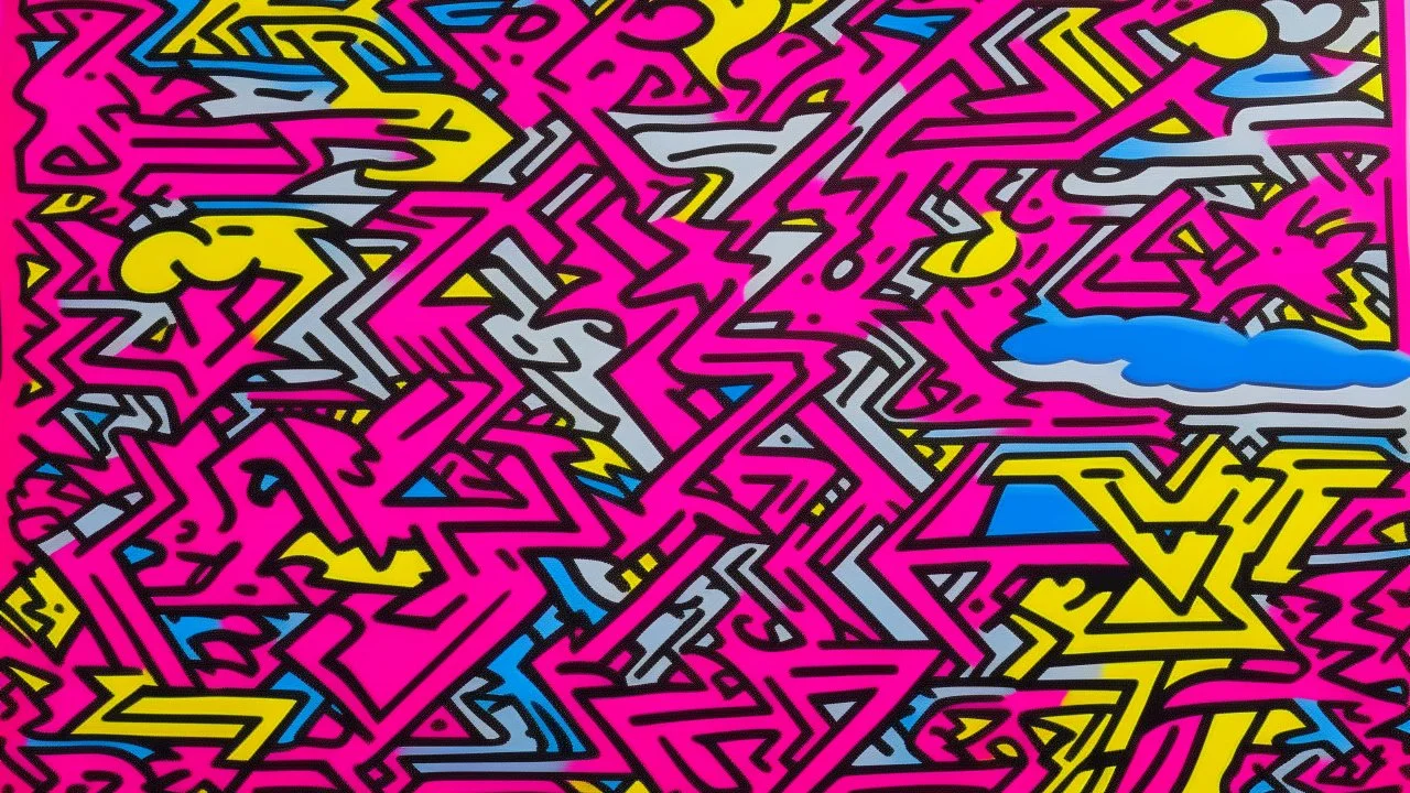 Magenta geometric storm clouds in the sky painted by Keith Haring