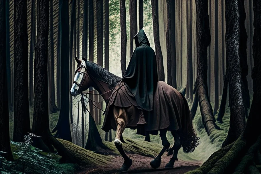 hooded monk on horseback in the forest