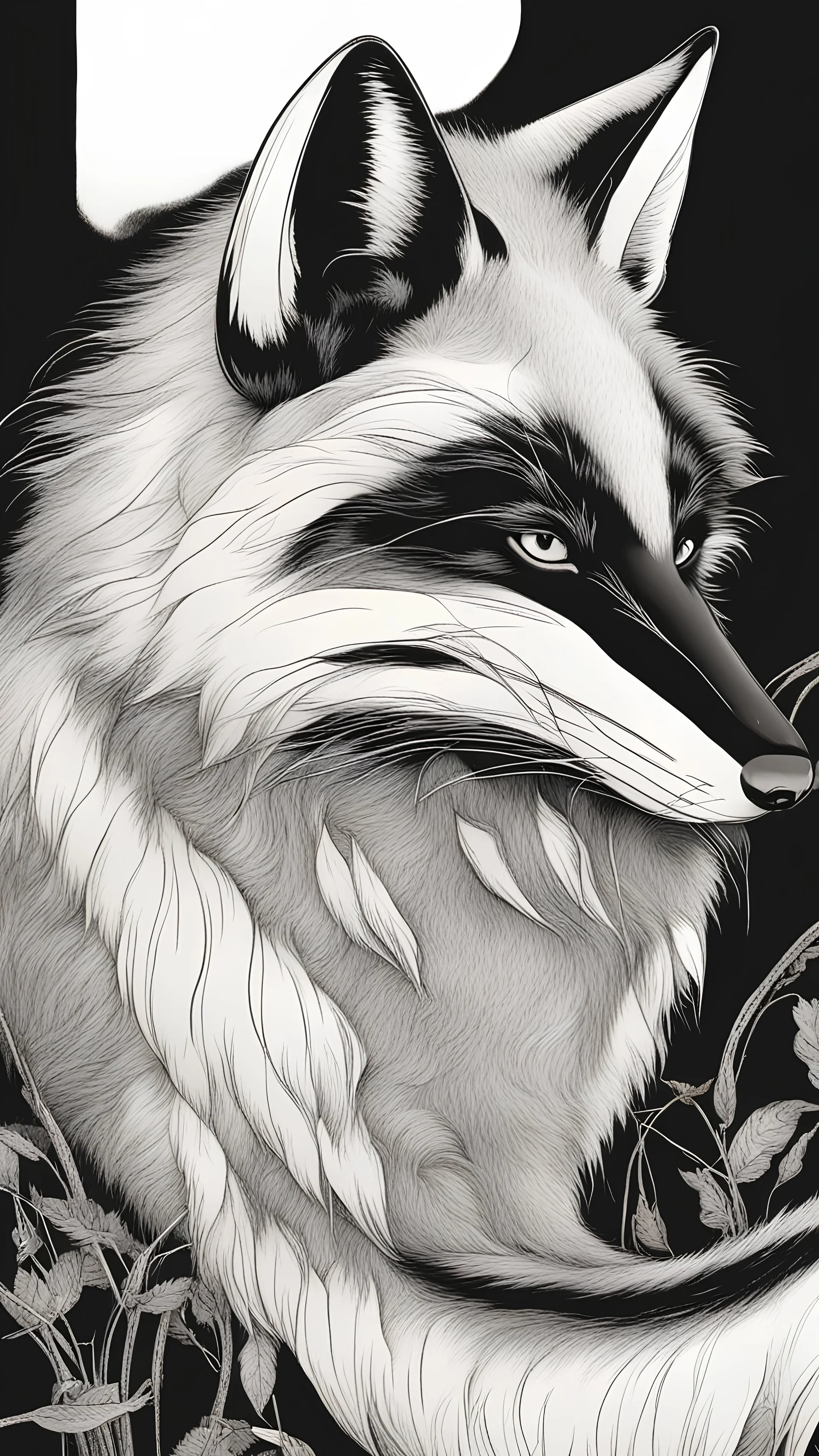 Black and white fox with 6 tails laying