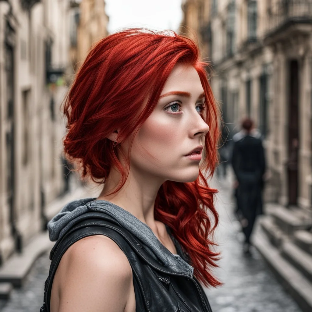 a girl with bright red hair, looking over her shoulder, scared, walking along a bust street