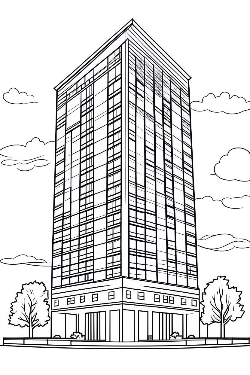 A 5 STAR AMAZING MODERN HOTEL, flat vector, full view, only draw lines, clean line art, –no sketch, color, –ar 3:4, white background, minimalistic black lines, minimal black color, low level black colors, coloring page, avoid thick black colors, thin black line art, avoid colors, perfect shape, perfect clear lines,