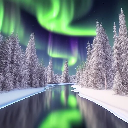 wintery forest around a reflective river with a brilliant aurora borealis lighting up the night sky, snow-covered trees, thick riverbank, 3d octane render, photorealistic, northern lights green, purple, red, yellow, 8k resolution, high-quality, fine-detail, intricate, digital art, detailed matte, volumetric lighting, dynamic lighting