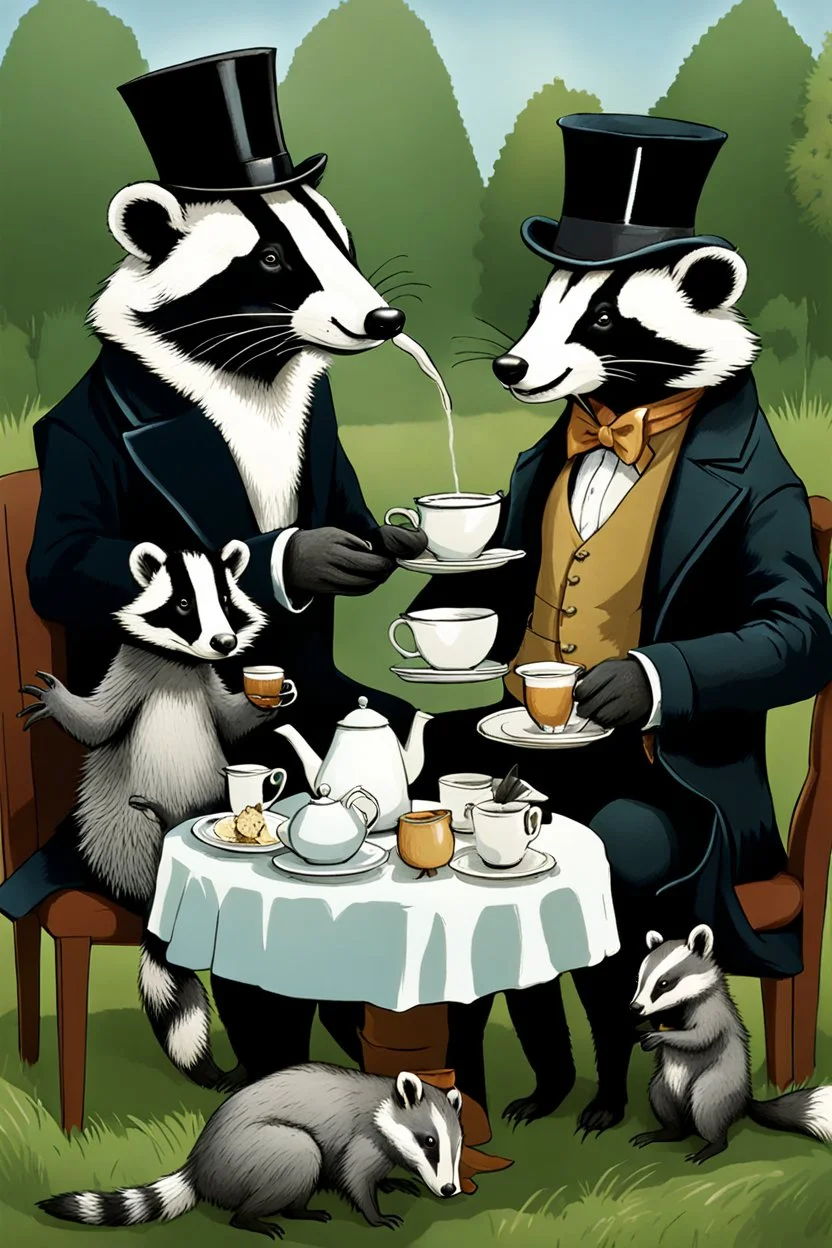 Anthropomorphic European badger wearing a tophat and having a tea party with his other anthropomorphic animal buddies. Illustration.