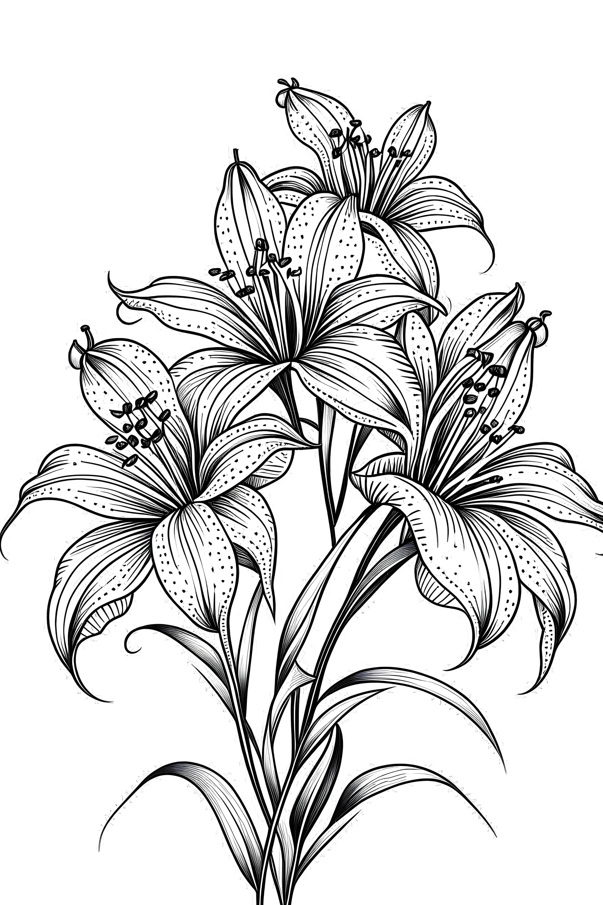 Lily Elegance buds, Lily Elegance flowers, delicate bouquet of flowers, white background, 2D, linear, black line