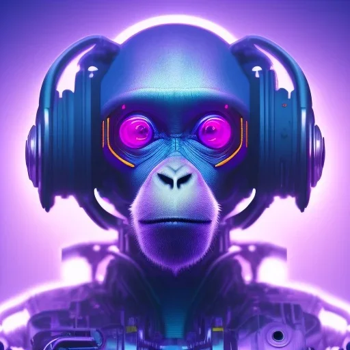 A beautiful portrait of a cyborg monkey purple neon color scheme, high key lighting, volumetric light high details psychedelic background