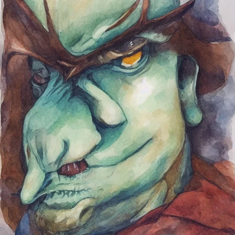 dungeons and dragons, fantasy, goblin, king, ochre skin, watercolour, blue nose, figure, pose, distinct face