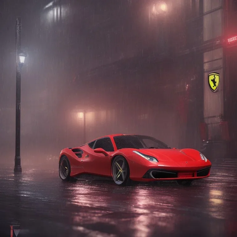 red Ferrari 488 in the rain at night in a futuristic city