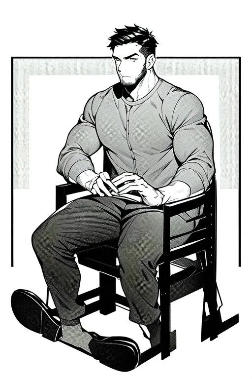 male character sitting on a plastic chair, line arts, greyscale