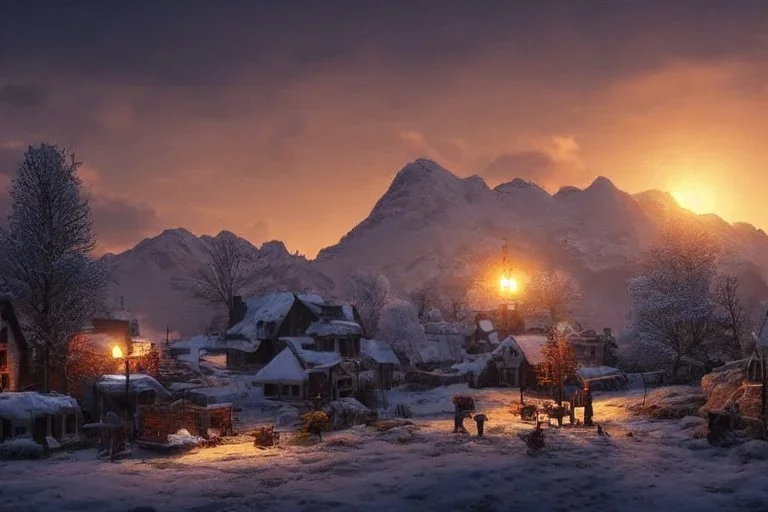 highly detailed small village scene, sunset, illustration, background snowy mountains, cinematic lighting, 4k, 8k, octane render, digital concept art, trending on artstation, pinterest, extremely detailed, ambient lighting.