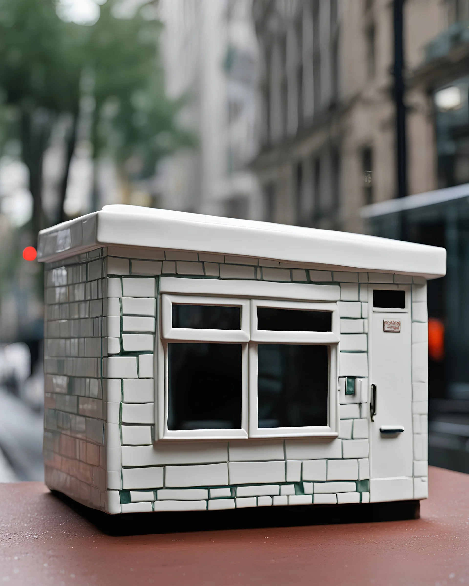 intricate porcelain sculpture of the square vacant street kiosk, circa 2000, painted and glazed ceramics, 7 cm height, facade small square window for cash, flat roof, one-story, one-room, silver mean composition, hyper detailed, sophisticated, contemporary urban art gallery, product-focused, sharp focus, inspired by minimalism, Mark Rothko, Marc Chagall, Benetton and gestalt theory