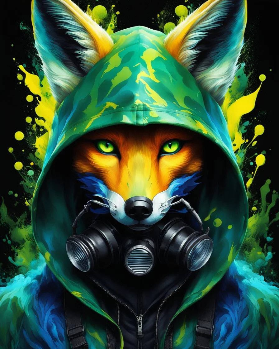 Vibrant and dynamic masterpiece with fluid patterns forming a killer fox wearing a hood and a gas mask, its eyes are intense. Bright colors of green, blue and a touch of yellow, creating a fascinating effect. The black background creates a strong contrast, making the colors stand out even more., concept art, dark fantasy, vibrant, painting, portrait photography