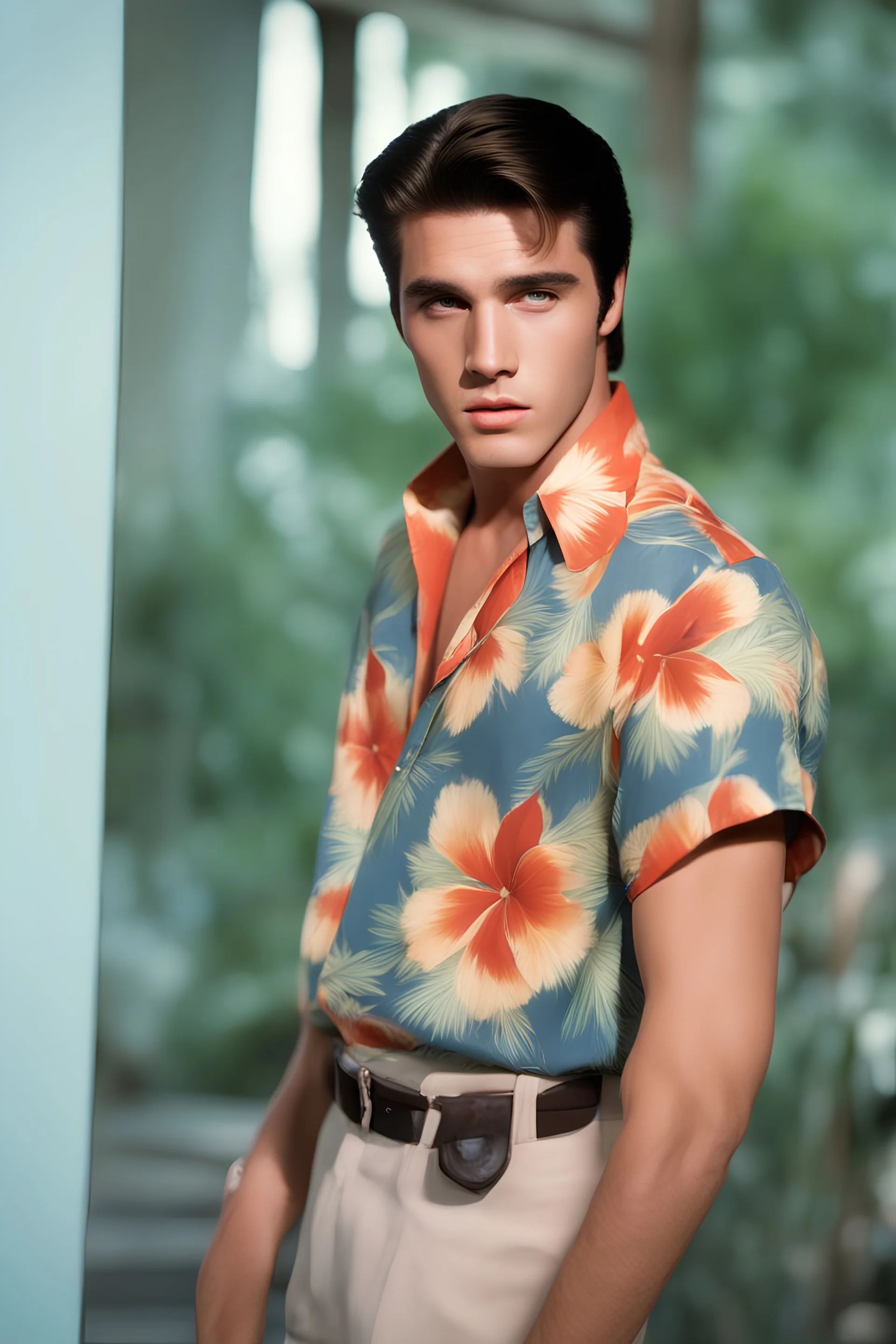 full color Portrait of 18-year-old prude Elvis Presley with medium length bob-styled blonde hair, wearing a Hawaiian shirt and bermuda shorts- well-lit, UHD, 1080p, professional quality, 35mm photograph by Scott Kendall