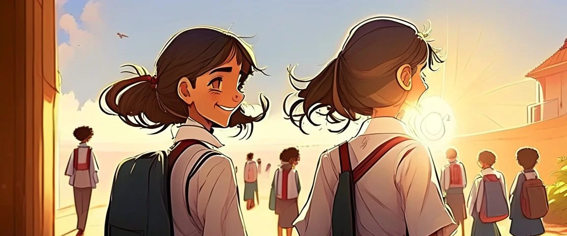 School student, school uniform, Omani, smiling slightly, from behind, school, students, morning, sun,cartoon,The girl looks forward