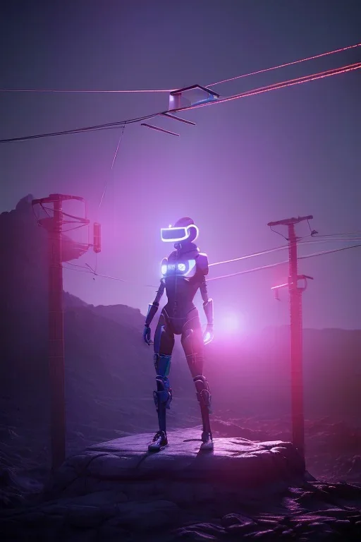 3d, si-fi hunger, girl middle stand on round glowing platform, connected by wires , vr googles, beautifully color coded, super detailed, moody lighting, volumetric lighting, night time, glowing veins, mass effect, vertical light glow