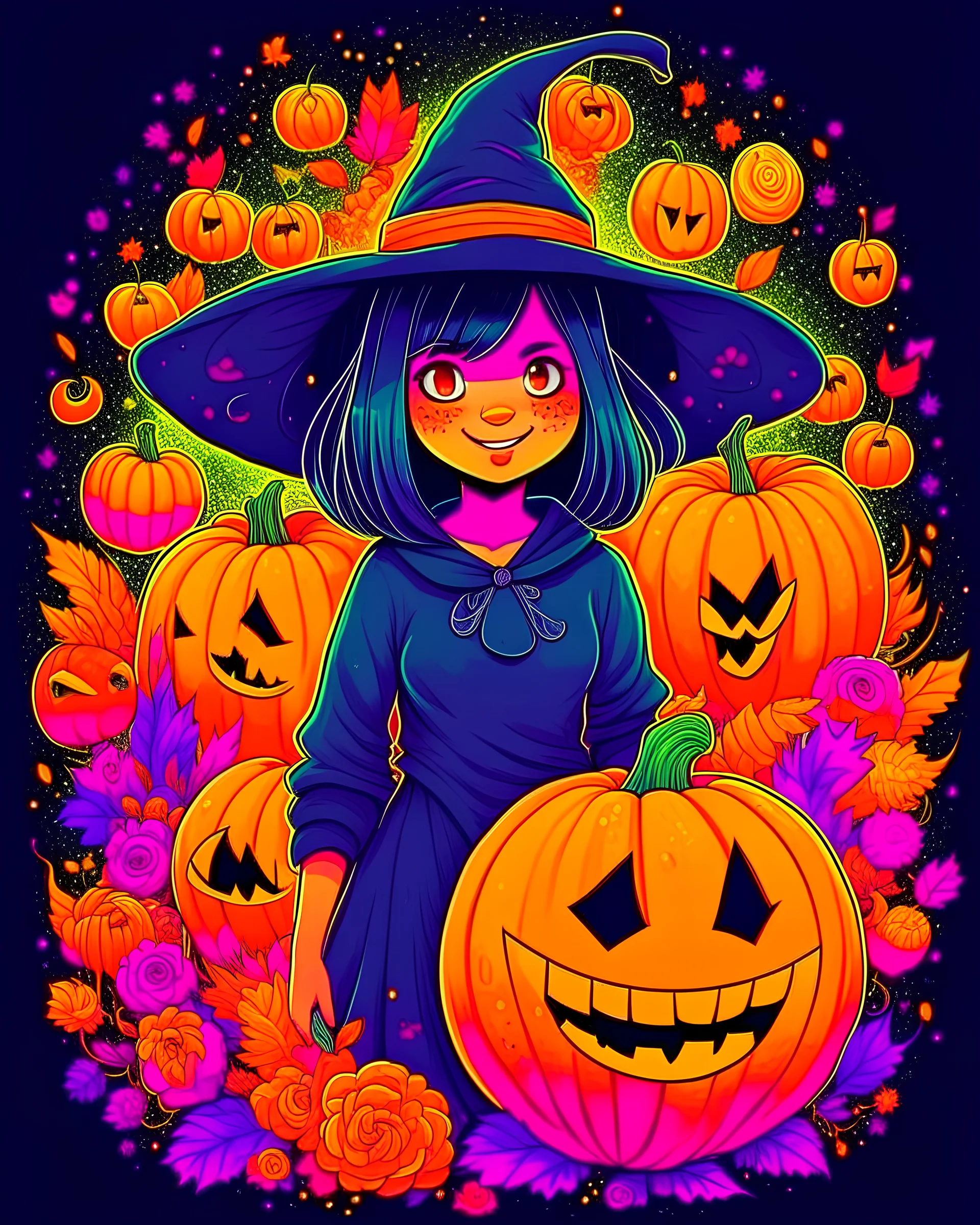 A detailed illustration a Halloween black witch with halloween pumpkin, t-shirt design, flowers splash, t-shirt design, in the style of Studio Ghibli, pastel tetradic colors, 3D vector art, cute and quirky, fantasy art, watercolor effect, bokeh, Adobe Illustrator, hand-drawn, digital painting, low-poly, soft lighting, bird's-eye view, isometric style, retro aesthetic, focused on the character, 4K resolution, photorealistic rendering, using Cinema 4D