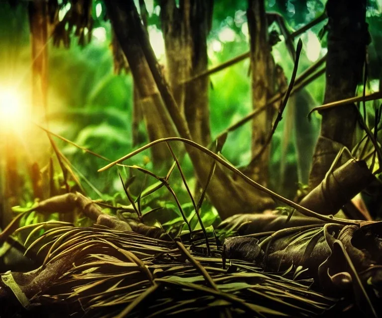 vietnam war. jungle. cd cover. bokeh. lens flare. warm lights. high detailed