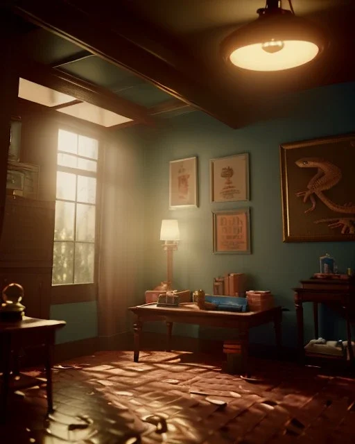 Room scene with alligator pet, Wes Anderson styler, concept art, smooth, unreal engine 5, god lights, ray tracing, RTX, lumen lighting, ultra detail, volumetric lighting, 3d.