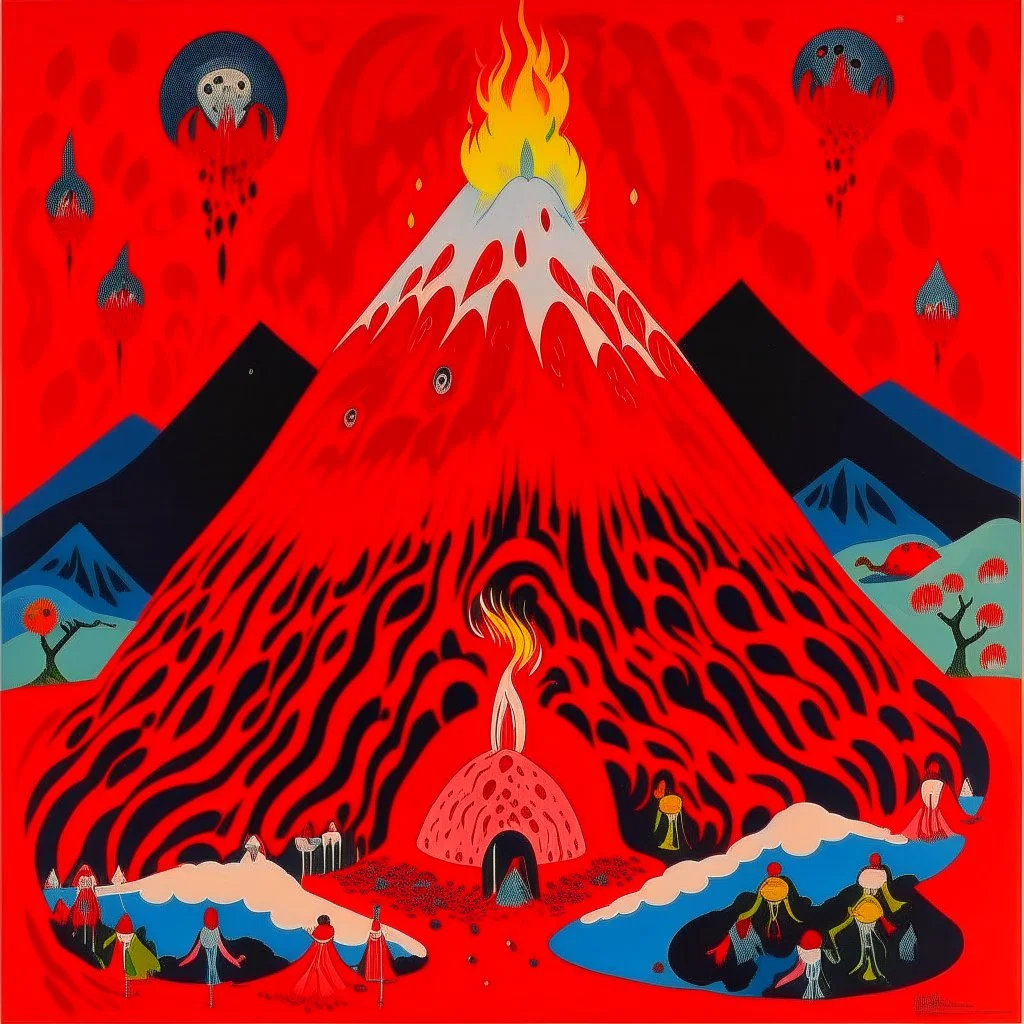 A red volcano with spewing bloody fire designed in Matryoshka dolls painted by Wassily Kandinsky