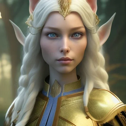 Portrait of a female wood elf diplomat. She has long, curled, white hair shaved on the right side and blue eyes. She has rough copper skin with yakuza tatu, atmospheric, realistic, unreal engine cosmic galactic, cinematic lighting, octane render, random colors, transparent, cosmic ambiance, masterpiece, art by Yoji Shinkawa, composing fit inside, masterpiece