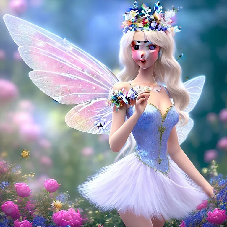 cute fantasy fairy with transparent wings, smiling, blue eyes, make up, long platinum blond hair with crown and flowers, pink dress, unreal engine