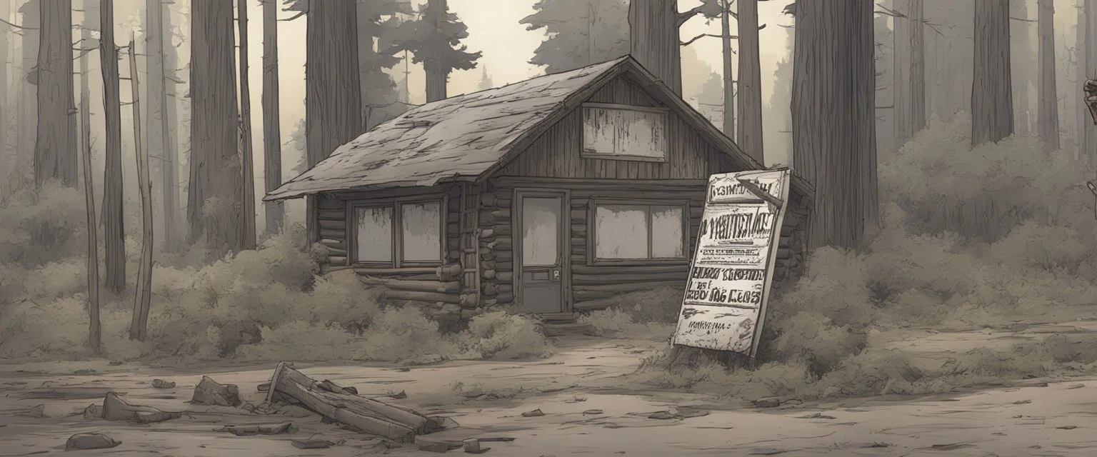 log cabin, post-apocalyptic, comic book, forest, cinematic, from far away,