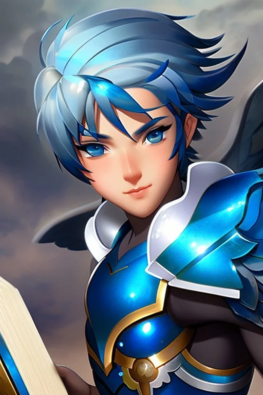 a human male with blue short hair and blue wings in an assymetrical armor with geometric patterns and a book in hand