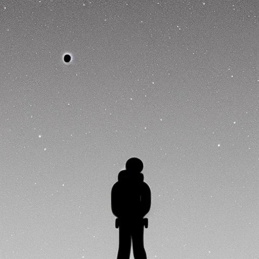 A minimal galaxy scene of with floating astronaut, feeling lonely, black tone.