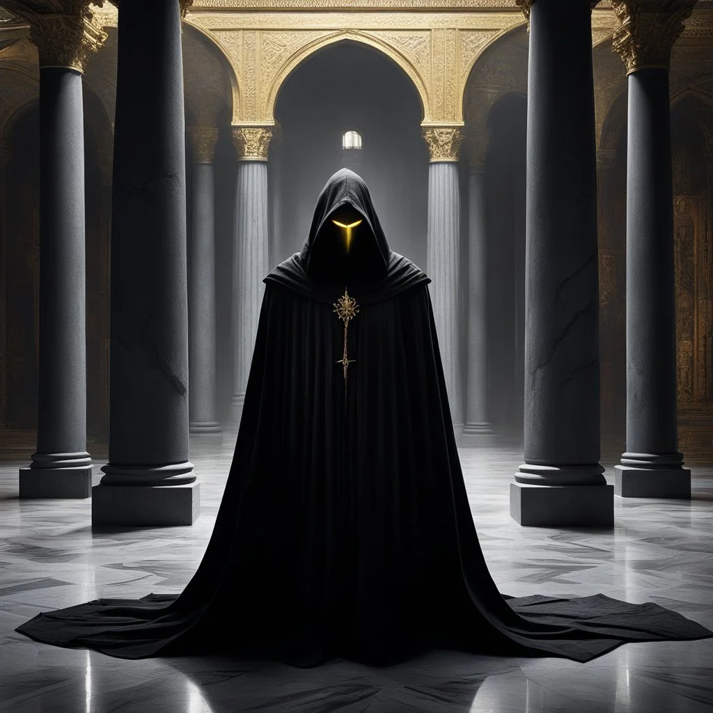 [hooded hidden face with two small yellow eyes] The dark, hooded figure known as the Nazgul stood silently behind a towering column in the opulent palace, its presence shrouded in mystery and foreboding. The hooded cloak billowed ominously around its form, concealing any glimpse of a face or identity. Shadows danced across the marble floors as the figure observed the lavish surroundings with a sense of detached malevolence.