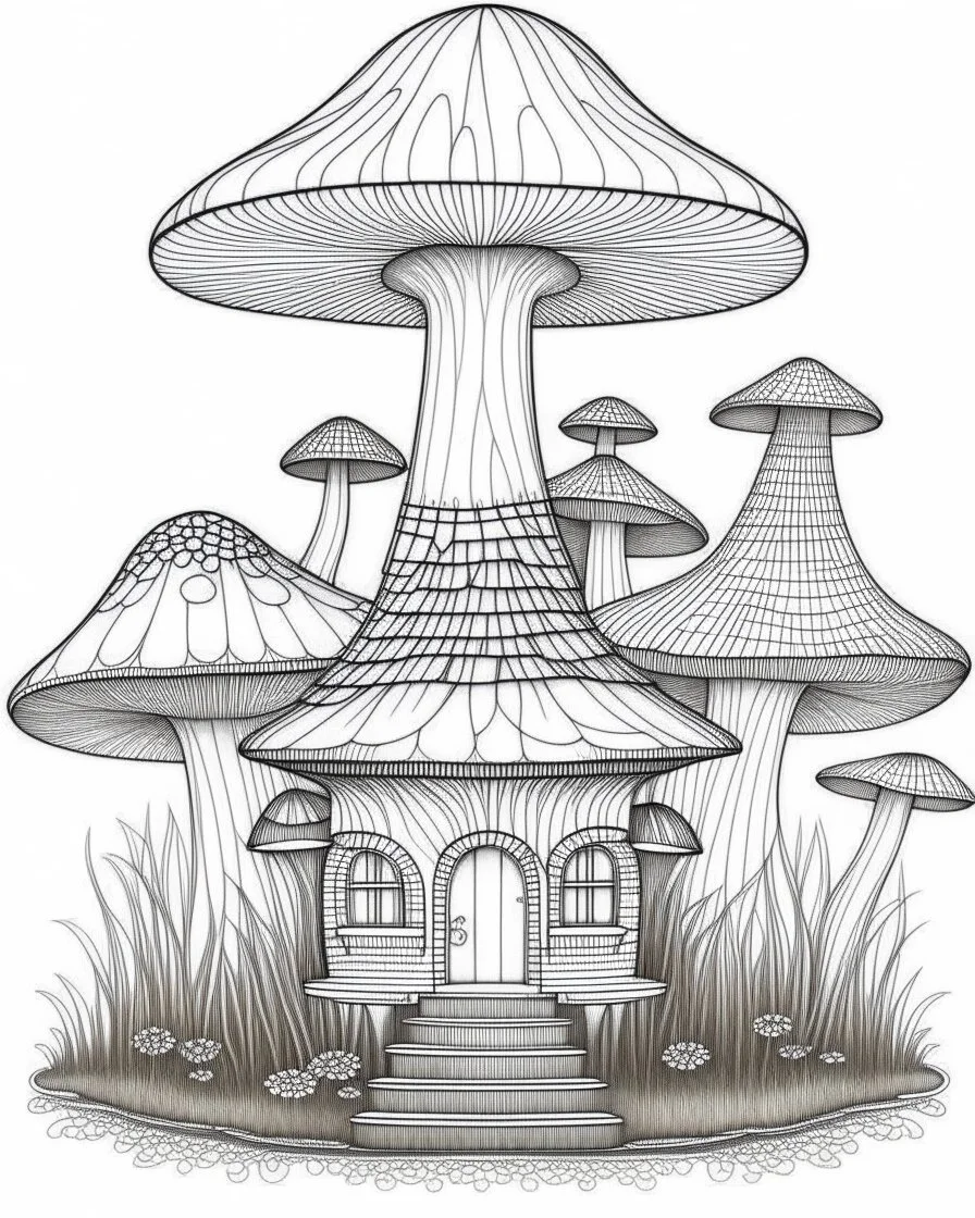 Coloring pages: Whimsical magical mushroom haven, complete with whimsical fairy houses and enchanting toadstools.