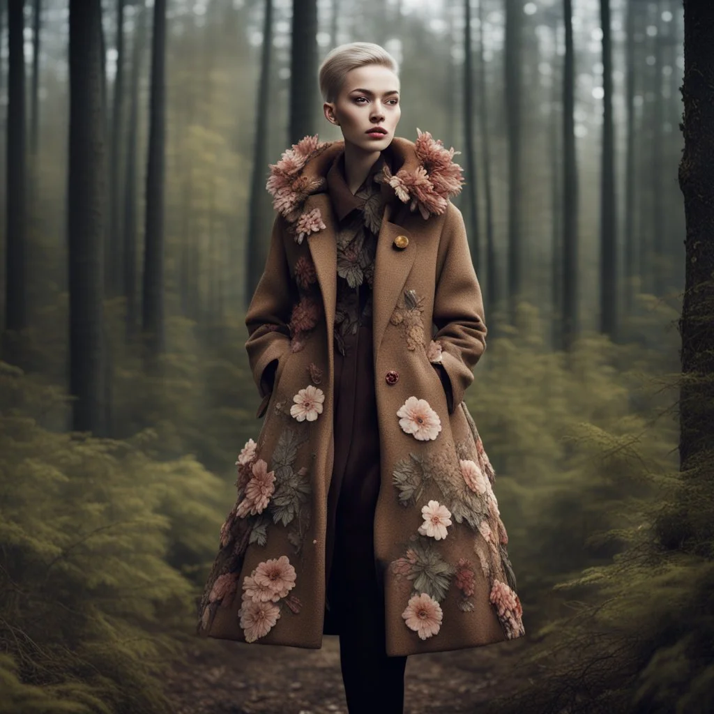 vogue fashion photo, brown tuffle coat, beautiful swedish forest view, mages, large, floral designs, atmospheric, beautiful, China Doll, , dark background, mid shot, full body, neutral expression, buzzcut hair, ultra realistic, highres, superb, 8k wallpaper, extremely detailed, intricate, limited palette,