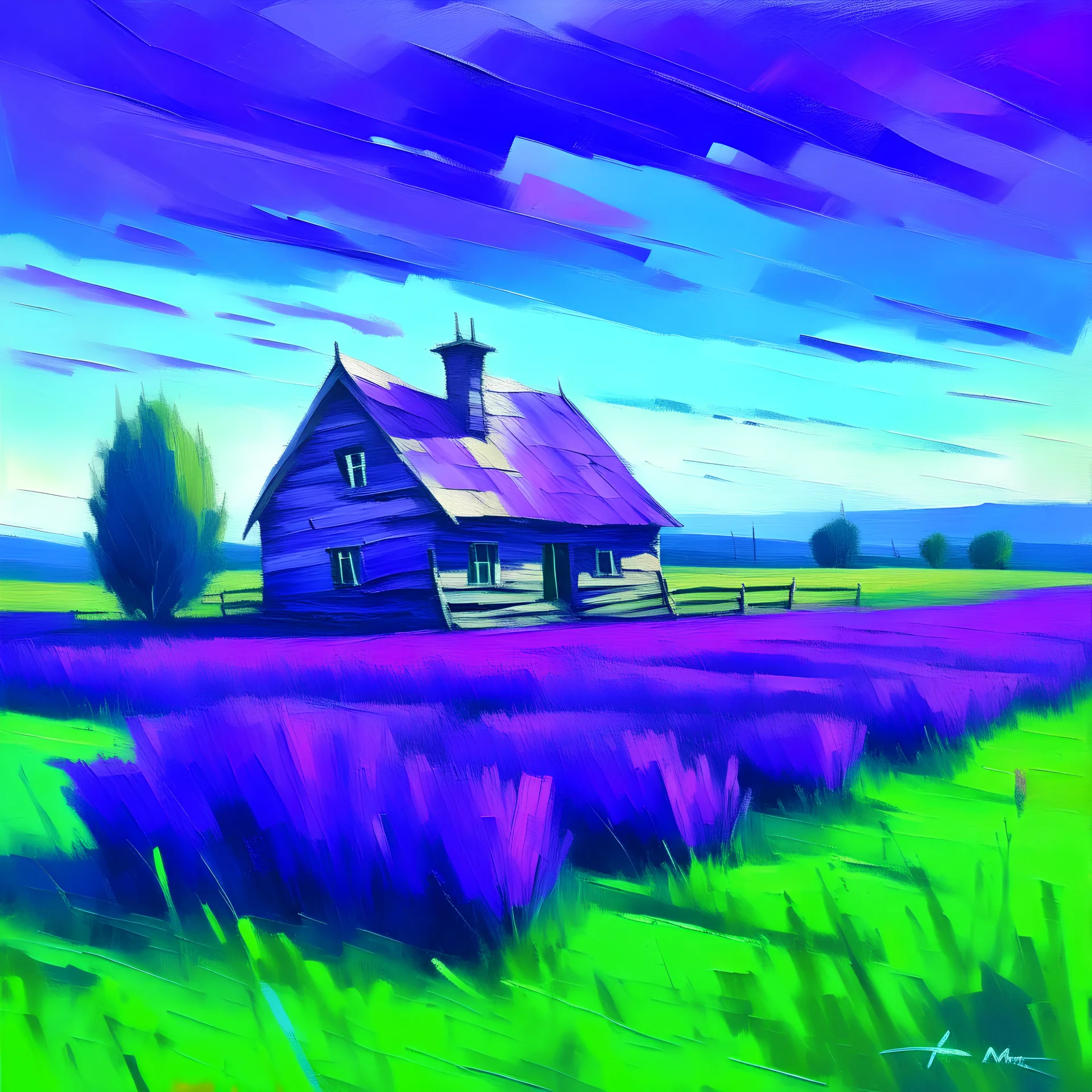 purple field with a wooden house in the middle in oil painting