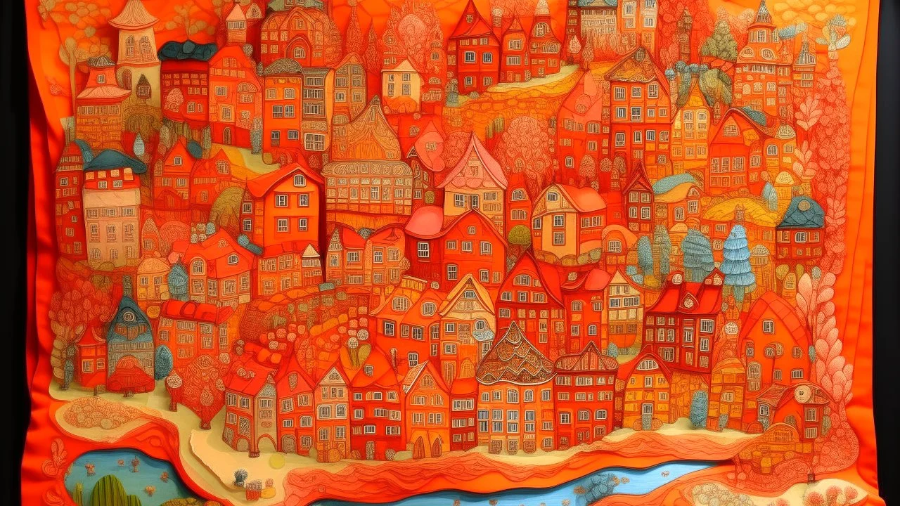 A salmon orange colored town made out toys in nighttime designed in medieval tapestry painted by Qiu Ying