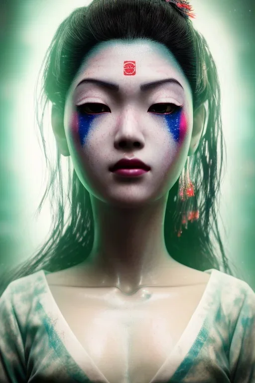 japan head portrait,geisha makeup, meditation, galaxy sky, 8k quality , portrait,beautiful ghost in the shell , post-apocalyptic in a sin city, realistic, intriacte detail, sci-fi fantasy style, volumetric lighting,24mm , particales,highly detailed,cinematic, deep purple , green eyes .