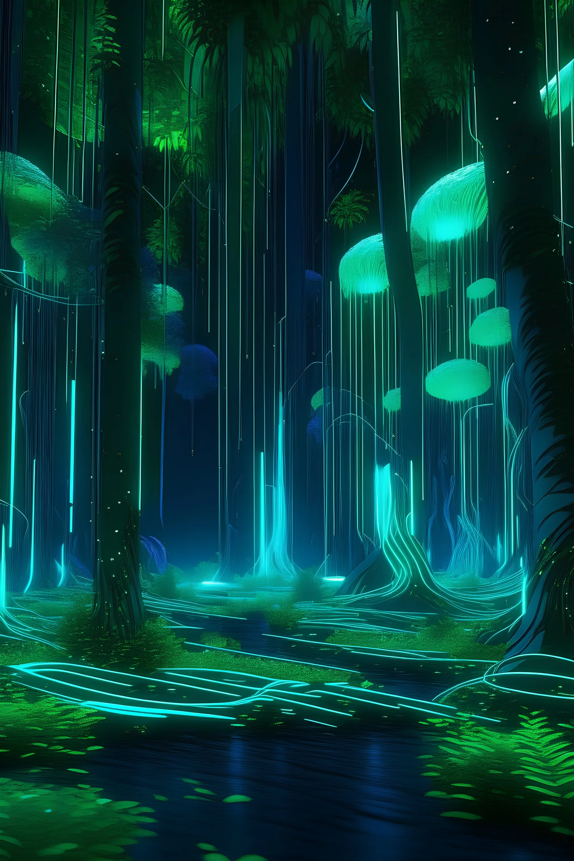 "A serene forest where trees and plants seamlessly merge with futuristic digital elements, like leaves turning into circuits and branches glowing with neon lights."