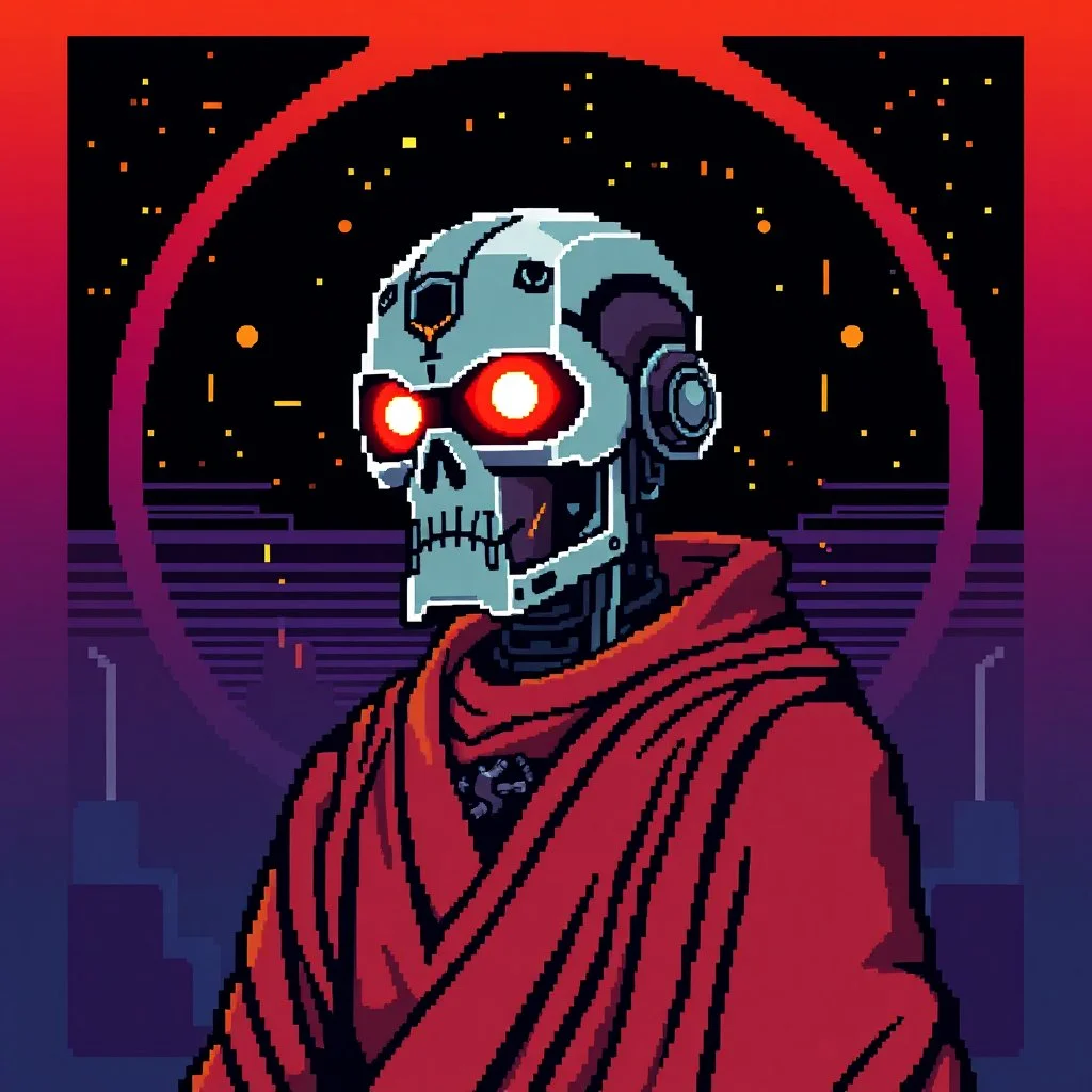 8 bit pixelart of a terminator like robot, synthwave colored, vaporware, budist monk robe
