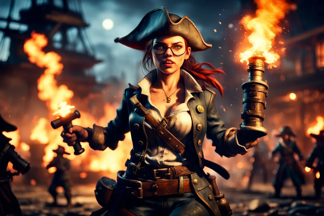 master oil painting, bad ass girl teen age nerd swashbuckler pirates fighting with torches and cannons in the night screaming like crazy as the enemy is boarding, in the style of Fallout 4 , bokeh like f/0.8, tilt-shift lens 8k, high detail, smooth render, down-light, unreal engine, prize winning