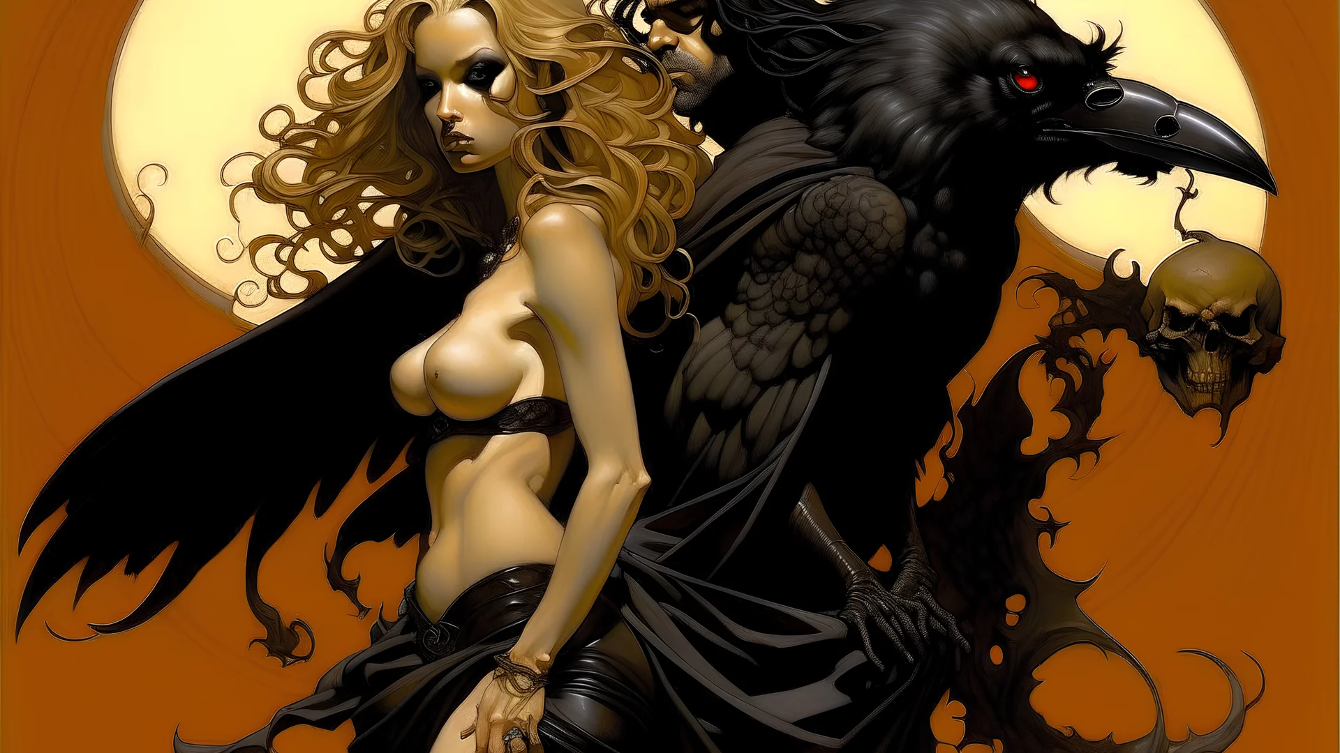 Venus, her hair loose like a moving orchestra, stands with an air of stealth, resembling a sculptural figure. Around him raven squawks in the foreground.