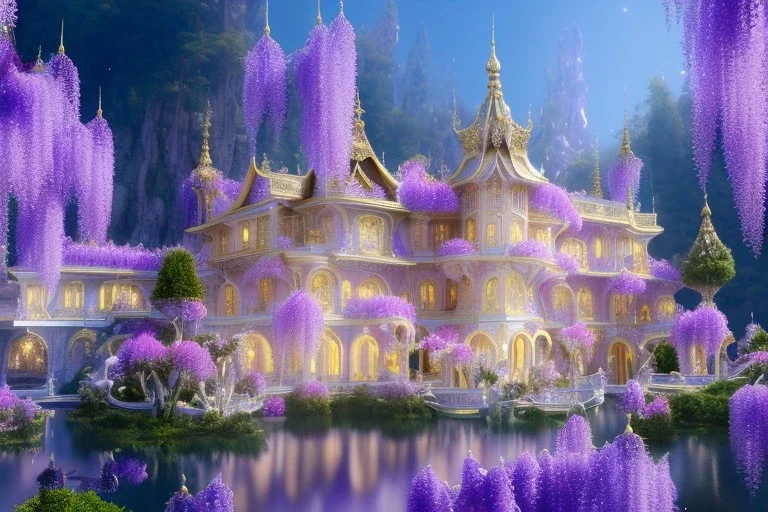 a magical crystal flower wisteria pink gold house palace in the woods, blue lake,sun,white swanns,pink vertical, blue lake,sharp, vines, candlelit, endor, ornate, elegant, highly detailed, artstation, concept art, smooth, sharp focus, illustration, 8k, splash art, wallpaper, key visual