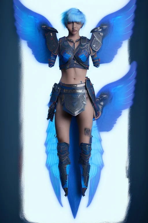 a person in runic armor with blue wings, blue short hair, runic tattoo and spell book