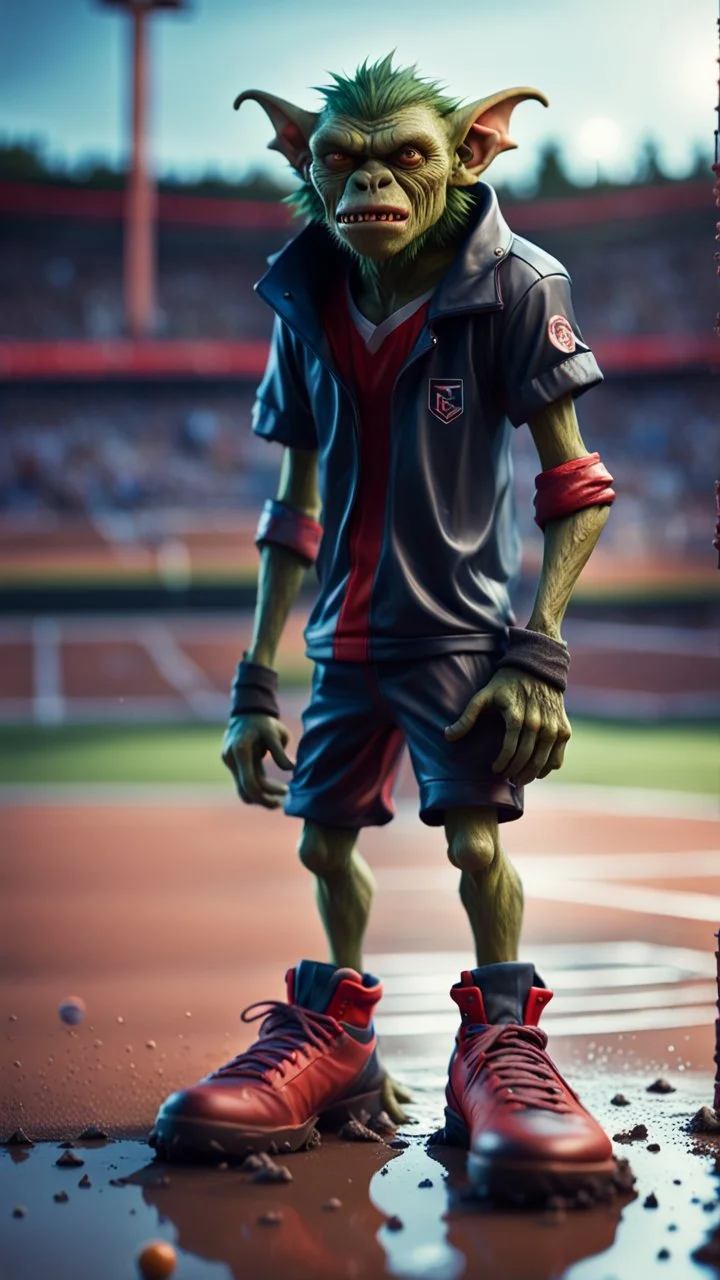 full figure portrait of a giant vampire werewolf goblin gremlin with soccer boots on wet soil in front of basketball court, in the style of Gorillaz,bokeh like f/0.8, tilt-shift lens 8k, high detail, smooth render, down-light, unreal engine, prize winning