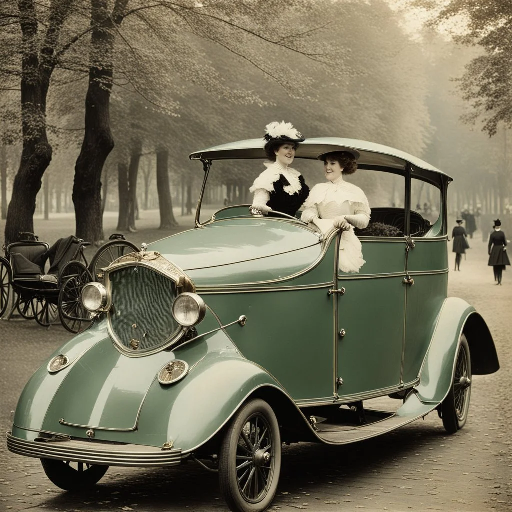 The Goldsmith Ladies in the Bois de Boulogne in 1897 on a Peugeot car, Julius LeBlanc Stewart, smile, dog